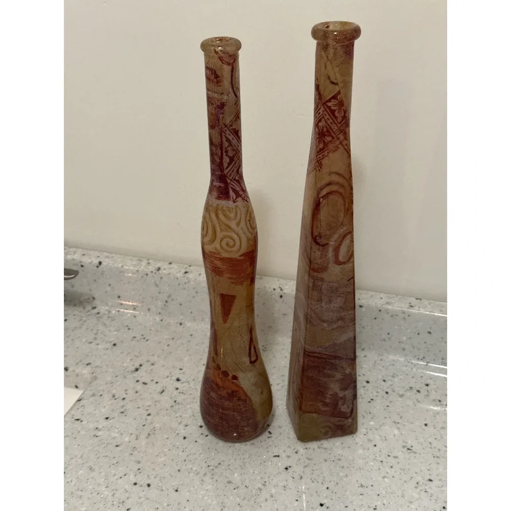 Pair of 2 Vintage Studio Art Glass Vases Earth Tone Patterned Boho Home Decor